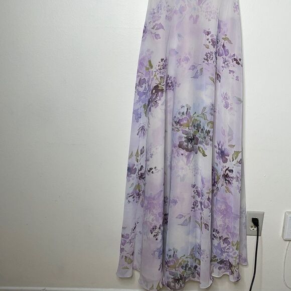 Marchesa Lilac Floral Chiffon Gown with Ruffle Cami Straps and Waist Tie Sz 0 - Picture 10 of 14